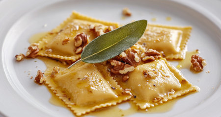 A delicious plate of ravioli topped with toasted walnuts and fresh sage leaves, drizzled with a golden sauce, set in an inviting dining space that highlights the meal's rustic appeal.の素材