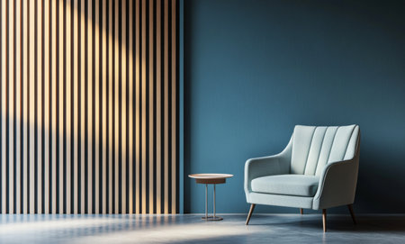 A soft, light-colored armchair sits next to a sleek wooden side table against a blue wall featuring vertical stripes. The design promotes a calm and inviting atmosphere.の素材