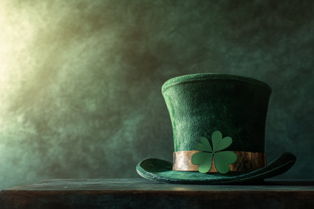 A vintage top hat in a deep green hue adorned with a shamrock sits elegantly on a dark, textured surface. The setting highlights the festive spirit and charm of St. Patrick's Day.の素材