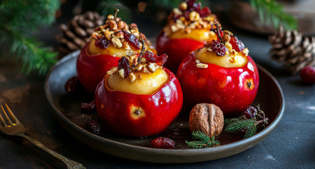 Fresh red apples are baked and topped with a mix of nuts and dried fruits, arranged on an elegant platter amidst winter decorations, perfect for a holiday celebration.の素材