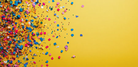 Brightly colored confetti in various shapes and sizes is scattered across a cheerful yellow background, adding a playful touch to any celebration or event.の素材