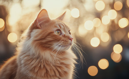 An orange tabby cat sits gracefully, its fur illuminated by soft golden sunlight. The cat looks up, captivated by the tranquil ambiance of a sunset, surrounded by blurred foliage.の素材