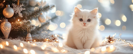 A fluffy white kitten sits calmly near a decorated Christmas tree, surrounded by sparkling lights and ornaments, creating a cozy holiday atmosphere filled with joy.の素材