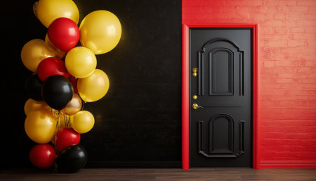A striking entrance features a black door set against a vibrant red and black wall, adorned with a cascade of colorful balloons in shades of red, gold, and black, creating a welcoming atmosphere.の素材