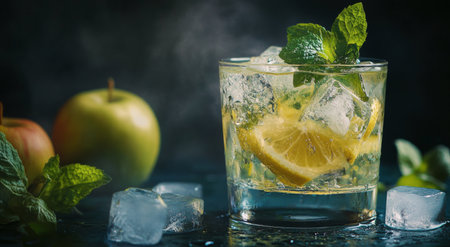 A refreshing drink features a lemon slice and mint leaves on ice in a crystal glass. An apple sits nearby, all displayed on a bright kitchen counter.の素材