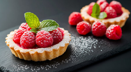 Two mouthwatering raspberry tartlets sit elegantly on a black plate, topped with mint leaves and dusted with powdered sugar, inviting sweets lovers to indulge.の素材