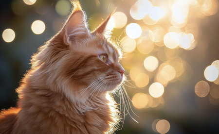 An orange cat with a fluffy coat sits calmly, gazing thoughtfully to the side against a background of warm, glowing lights. The soft bokeh creates a serene atmosphere.の素材