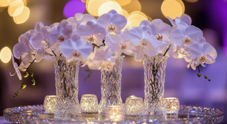 A beautiful arrangement of white orchids sits in crystal clear vases on a shiny tray, surrounded by sparkling accents that enhance the festive atmosphere during a special occasion.の素材