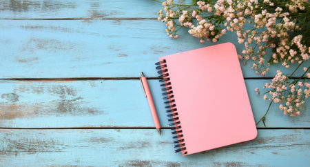 A pink spiral-bound notebook lies open next to a matching pen, surrounded by delicate pink flowers on a light blue wooden table. The setting feels warm and inviting, perfect for writing.の素材