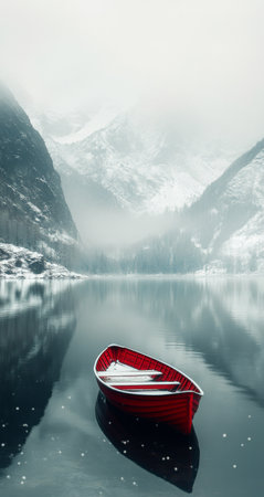 A red boat floats peacefully on still waters with mist enveloping snow-capped mountains in the background. The tranquil landscape evokes a sense of solitude and serenity.の素材
