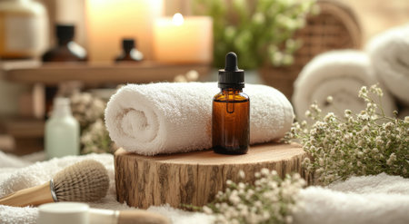 An amber dropper bottle filled with essential oil rests on a wooden block next to neatly rolled towels, candles, and spa utensils, creating a tranquil relaxation atmosphere.の素材