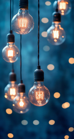 A collection of beautifully designed hanging light bulbs illuminates a tranquil space, casting soft glows against a deep blue background, evoking feelings of calm and ambiance during twilight.の素材