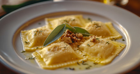 A plate of freshly made ravioli, adorned with sage leaves and walnuts, is presented beautifully, showing its rich flavors and inviting appearance, perfect for a meal.の素材
