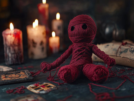 A handcrafted red doll sits in a softly illuminated area, surrounded by flickering candles and scattered decorative items. The warm glow creates an enchanting, mysterious atmosphere.の素材