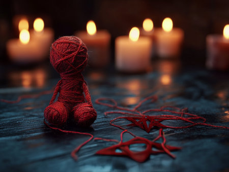 A handcrafted red doll sits in a softly illuminated area, surrounded by flickering candles and scattered decorative items. The warm glow creates an enchanting, mysterious atmosphere.の素材
