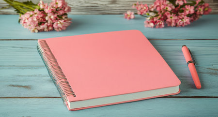 A pink spiral-bound notebook lies open next to a matching pen, surrounded by delicate pink flowers on a light blue wooden table. The setting feels warm and inviting, perfect for writing.の素材