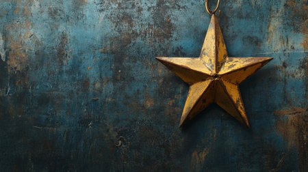 A weathered five-pointed star ornament hangs from a string against a textured blue backdrop, showing its rustic charm and vintage appeal. The surface displays peeling paint and intriguing details.の素材