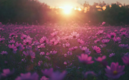 A beautiful expanse filled with delicate purple and white flowers dances in the soft evening light, creating a serene atmosphere. The gentle breeze rustles the petals, enhancing the peaceful scene.の素材