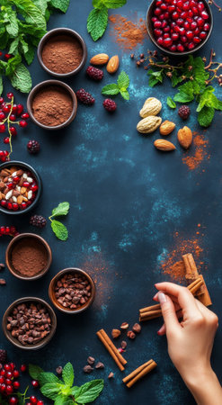 Various bowls filled with cocoa, spices, and nuts are arranged around the edge of a blue surface, while a hand gestures toward the center, suggesting a creative culinary process.の素材