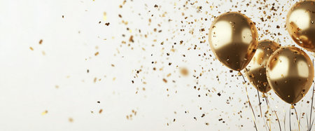 A cluster of gold and white balloons filled with sparkling confetti drifts gracefully against a light backdrop, perfect for marking special occasions and festive celebrations.の素材