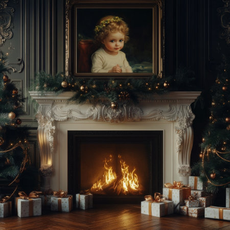 A warm, inviting living room features a crackling fire in the fireplace, surrounded by beautifully wrapped gifts and festive decorations. A classic portrait hangs above the mantle.の素材