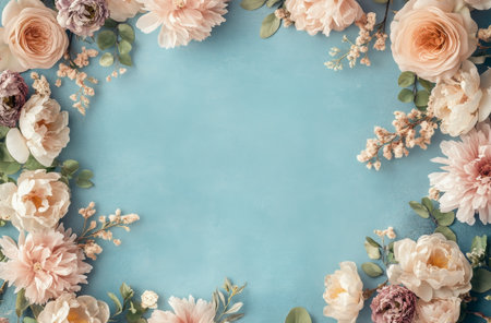 A vibrant arrangement features soft pink and white flowers, including peonies and roses, set against a calming blue background, creating a joyful and inviting atmosphere.の素材