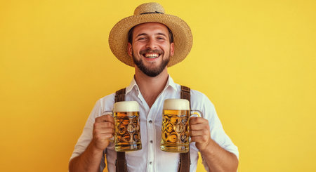 A young man dressed in a checkered shirt and straw hat joyfully holds two large beer mugs, smiling widely. The vibrant yellow backdrop enhances the festive atmosphere of celebration.の素材