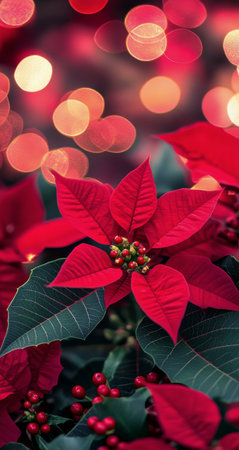 A vibrant red poinsettia plant displays its striking leaves, nestled among shiny ornaments and soft glowing lights, capturing the essence of the holiday spirit.の素材