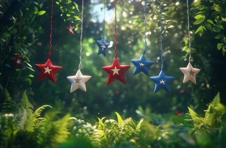 Hanging red, white, and blue stars dangle from branches in a lush forest. Sunlight filters through leaves, creating a peaceful atmosphere among vibrant ferns and greenery.の素材