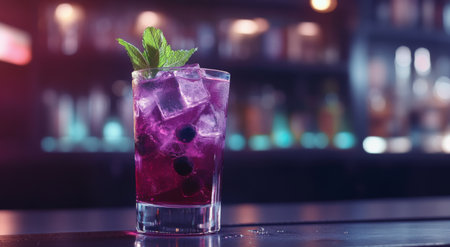 A vibrant cocktail made with blueberries and mint is served in a transparent glass on a bar counter. The background glows softly with warm lighting, creating a relaxed ambiance.の素材