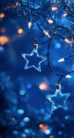A decorative star made of lights rests on a dazzling blue surface sprinkled with glitter, surrounded by glowing fairy lights, creating a warm and inviting atmosphere.の素材