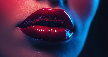 The glossy red lips are prominently featured against a striking blue backdrop, showcasing a polished and alluring makeup look. The lighting enhances the shine of the lips.の素材