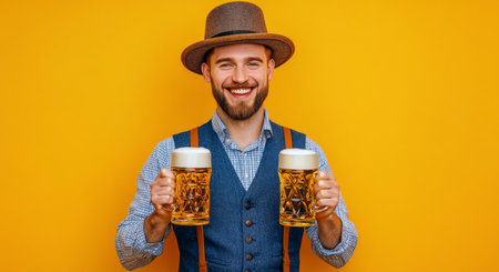 A cheerful man wearing a hat and a vest stands against a vibrant yellow backdrop, proudly holding two frosty mugs of beer, perfect for a festive occasion or gathering.の素材
