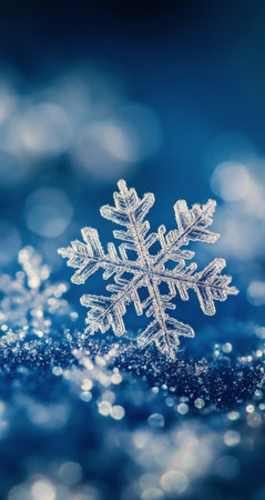 A beautifully detailed snowflake sits gracefully on a sparkling, icy surface, surrounded by a serene blue backdrop. The intricate patterns of the snowflake catch the light, creating a magical effect.の素材