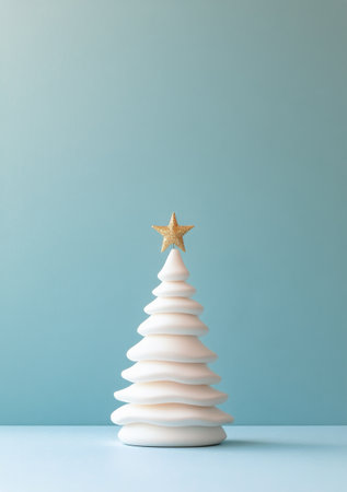 A sculptural white ceramic Christmas tree with a star on top stands against a soft blue background, showing a modern and minimalist festive decor piece perfect for the holiday season.の素材
