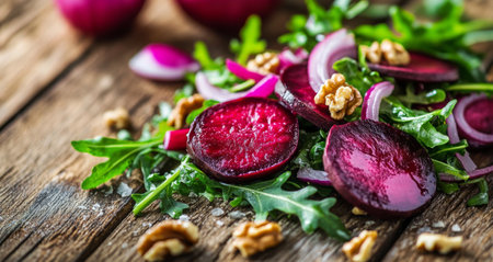 A vibrant salad featuring sliced beetroot, fresh arugula, and walnuts is arranged on a wooden platter, showing rich colors in a rustic ambiance. Perfect for a healthy meal or appetizer.の素材