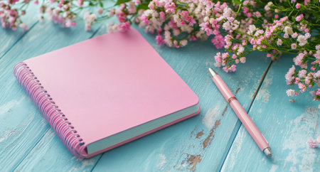 A vibrant pink notebook and a matching pen rest on a wooden table, surrounded by delicate pink flowers, creating a serene spring atmosphere that invites creativity and reflection.の素材