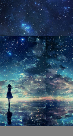A girl stands by the ocean, mesmerized by the vast, star-filled sky above. The shimmering water reflects the brilliant colors of twilight, creating a magical atmosphere.の素材