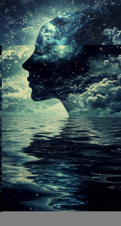 A girl stands by the ocean, mesmerized by the vast, star-filled sky above. The shimmering water reflects the brilliant colors of twilight, creating a magical atmosphere.の素材