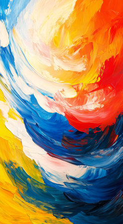 A mesmerizing array of vibrant colors swirls together, showing bold reds, yellows, and blues. This abstract creation captures the essence of a dynamic sunset over the ocean, evoking emotion.の素材