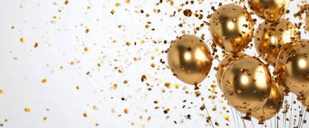 A cluster of gold and white balloons filled with sparkling confetti drifts gracefully against a light backdrop, perfect for marking special occasions and festive celebrations.の素材