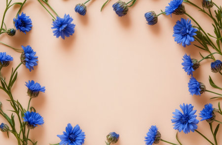 Soft blue flowers gracefully spread across a muted peach background, creating a harmonious and soothing atmosphere that highlights the beauty of nature.の素材