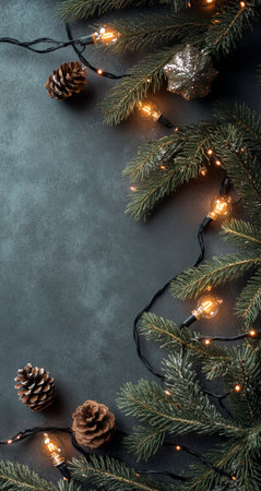 Pine branches adorned with warm glowing lights and scattered pine cones create a festive ambiance perfect for the holiday season, inviting warmth and cheer into the space.の素材