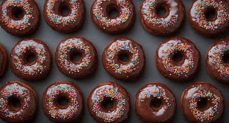 Delicious chocolate-covered donuts are lined up neatly, showcasing a shiny glaze and colorful sprinkles on some. The tempting treats are displayed on a clean white surface, inviting indulgence.の素材