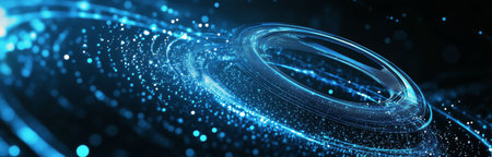 Swirling blue particles gracefully form a cosmic vortex, capturing the essence of deep space. The luminous display evokes a sense of wonder and mystery about the universe.の素材