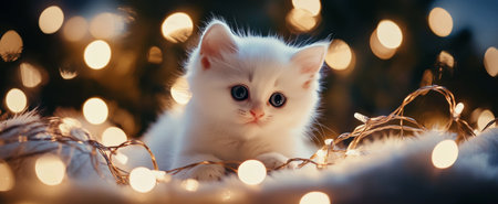 A fluffy white kitten with bright blue eyes sits curiously in front of a beautifully decorated Christmas tree, twinkling lights creating a warm, festive atmosphere.の素材