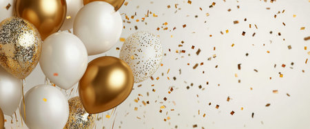 A collection of golden and white balloons is captured against a backdrop of shimmering confetti, creating a joyful atmosphere for celebrations and special occasions.の素材