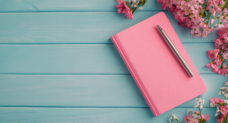 A vibrant pink notebook and a matching pen rest on a wooden table, surrounded by delicate pink flowers, creating a serene spring atmosphere that invites creativity and reflection.の素材