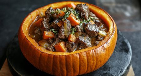 A hearty beef stew is beautifully presented in a carved pumpkin, featuring tender meat, root vegetables, and herbs. This comforting dish reflects the essence of autumn gatherings and seasonal flavors.の素材