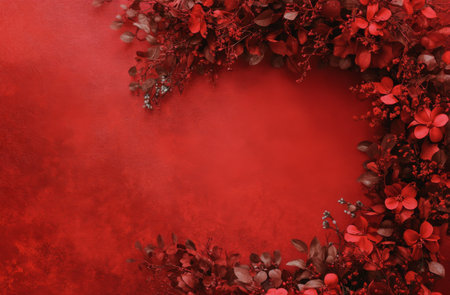A lovely arrangement of red flowers and leaves is displayed against a warm red background, perfect for enhancing living spaces or festive occasions. The colors create a striking contrast.の素材